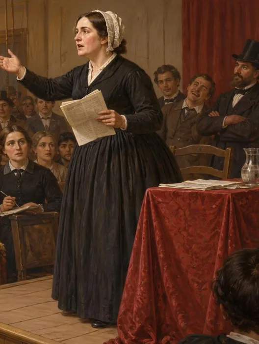 Jeanne Deroin prend la parole dans un club de femmes, en 1848 (reconstitution illustrée).