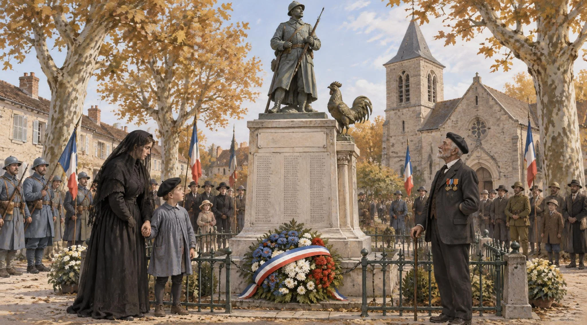 Un monument aux morts de village le 11 novembre 1922 : une statue de poilu, des noms gravés, les dates 1914-1918, un coq, une veuve en noir et son fils, un ancien combattant décoré à qui il manque un bras, une gerbe de fleurs.