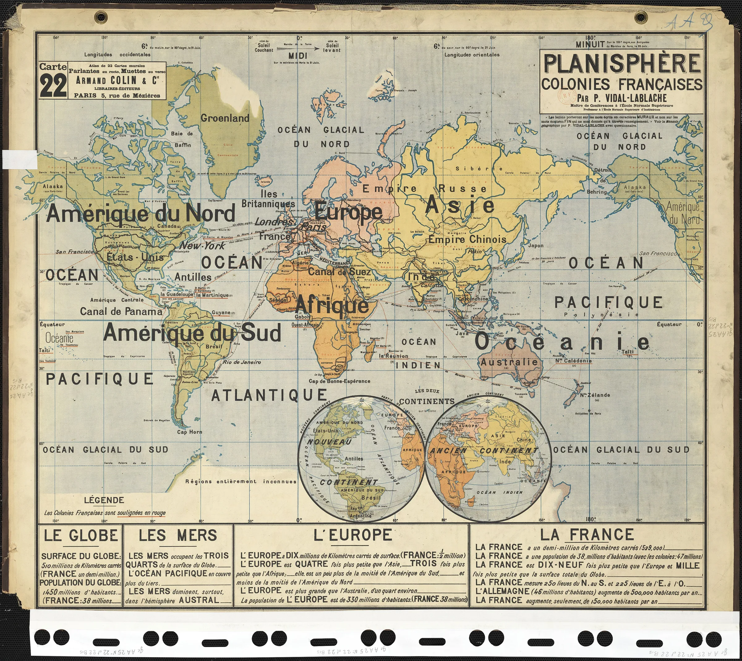 Planisphère, colonies françaises — Paul Vidal-Lablache, années 1880
