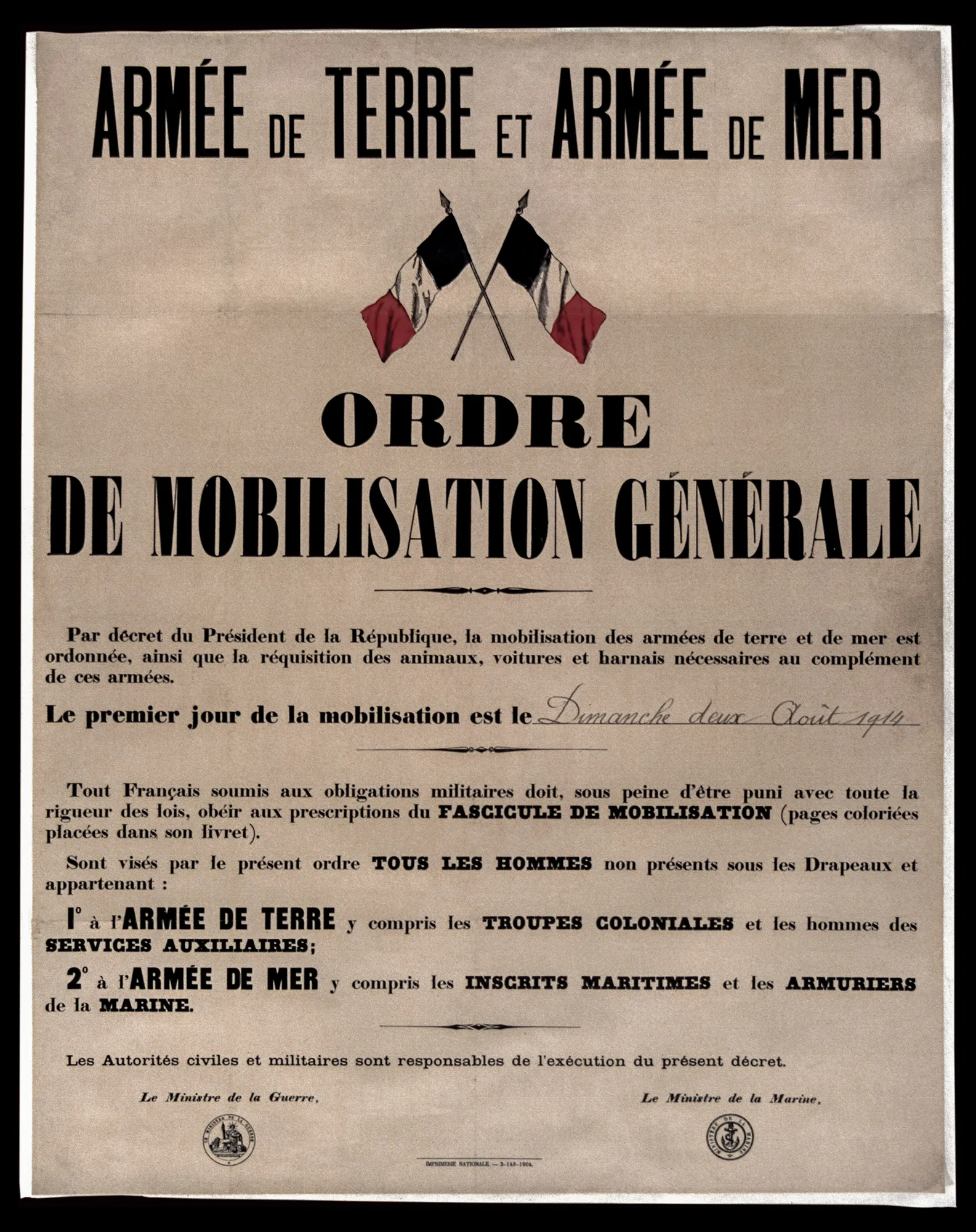 Ordre de mobilisation générale — affiche officielle, 1er août 1914