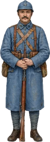 Un soldat français de 1915 en uniforme bleu horizon avec un casque d’acier.