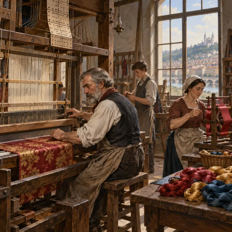 Un canut de Lyon à son métier à tisser la soie, vers 1850.
