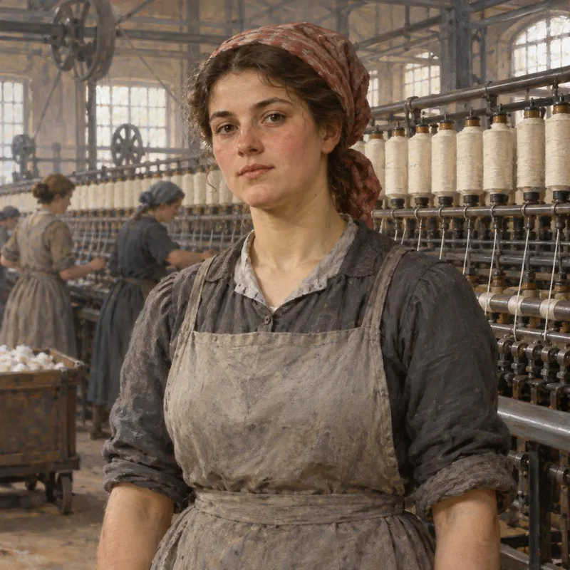 Une jeune fileuse dans une filature de coton de Roubaix, vers 1880.
