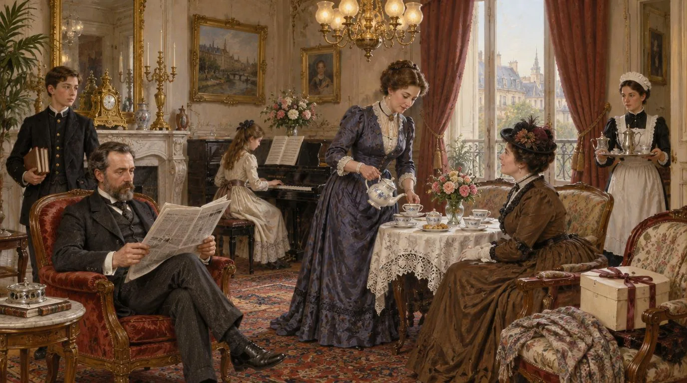 Le salon d’une famille bourgeoise vers 1890 : un piano, des tapis, un lustre, une domestique qui apporte le thé.