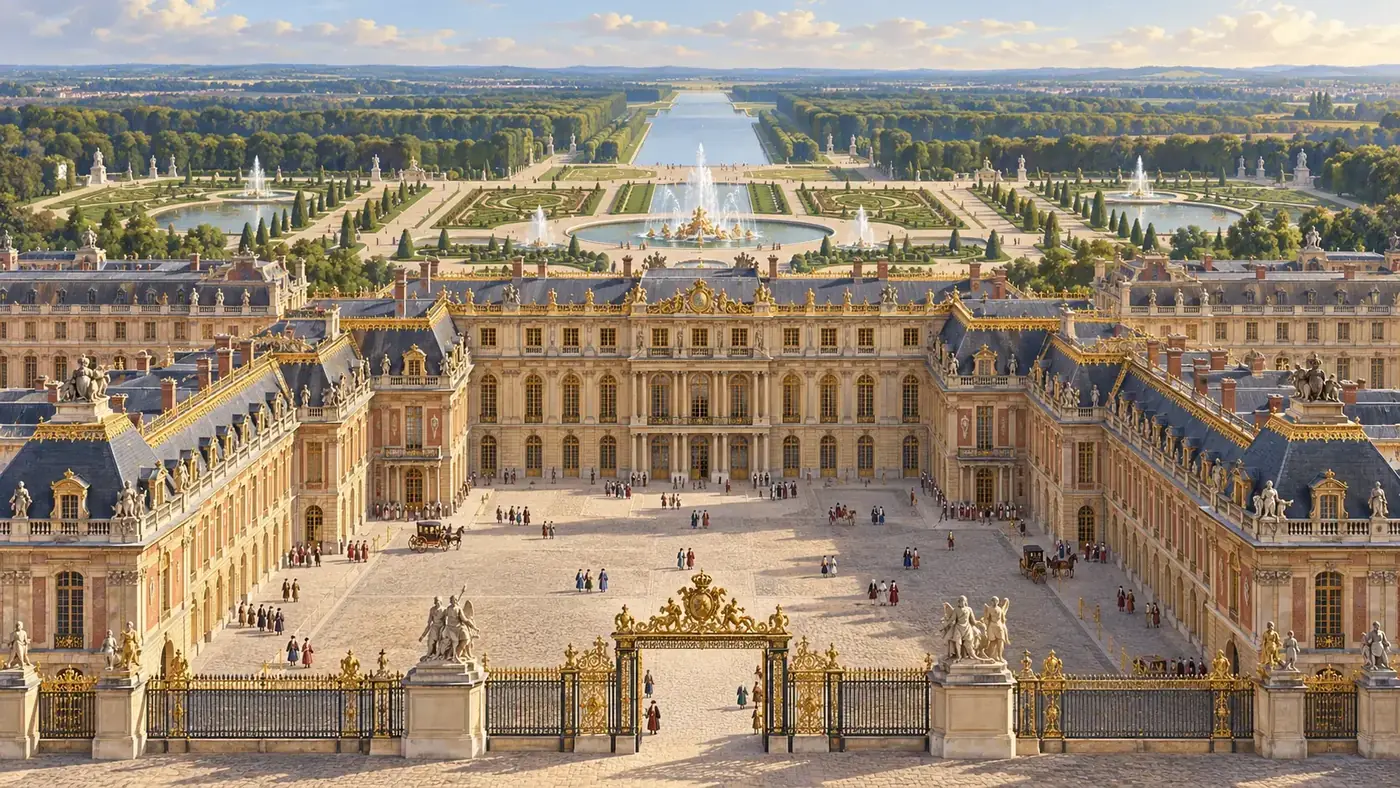 Vue illustrée du château de Versailles, de la cour et des jardins sous Louis XIV.