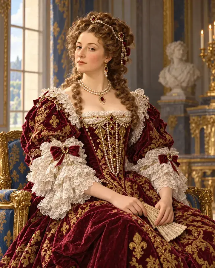 Portrait illustré de Marie-Thérèse d’Autriche en robe de Cour bordeaux.