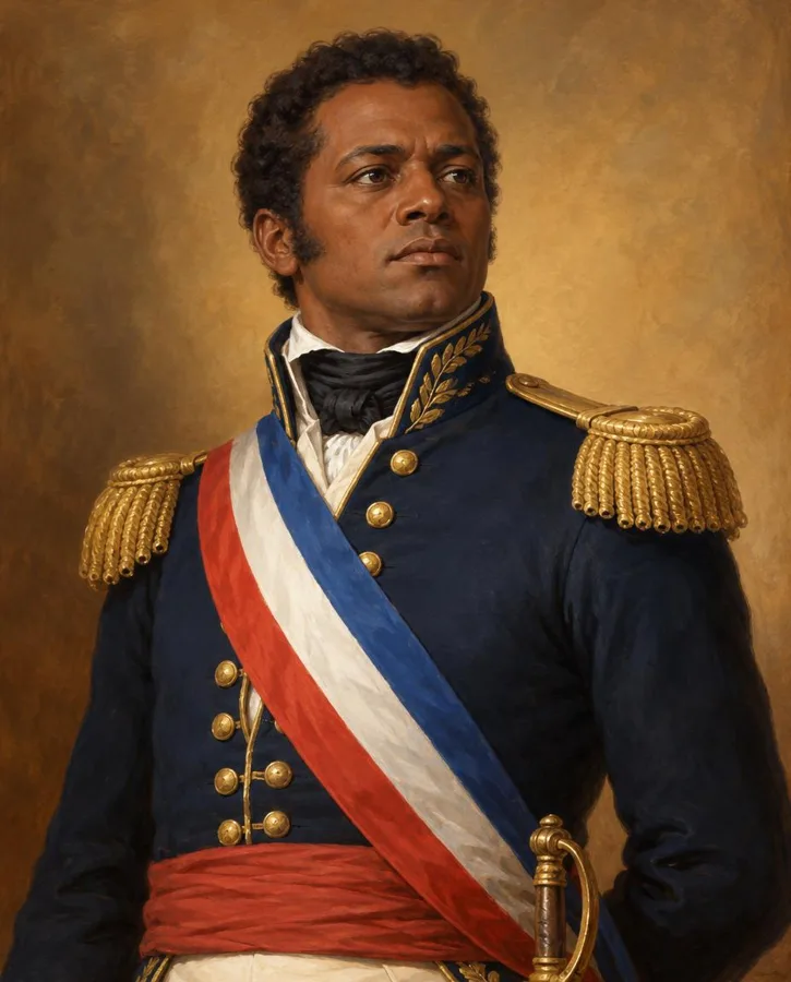 Portrait illustré de Louis Delgrès, officier en uniforme de l’armée française.
