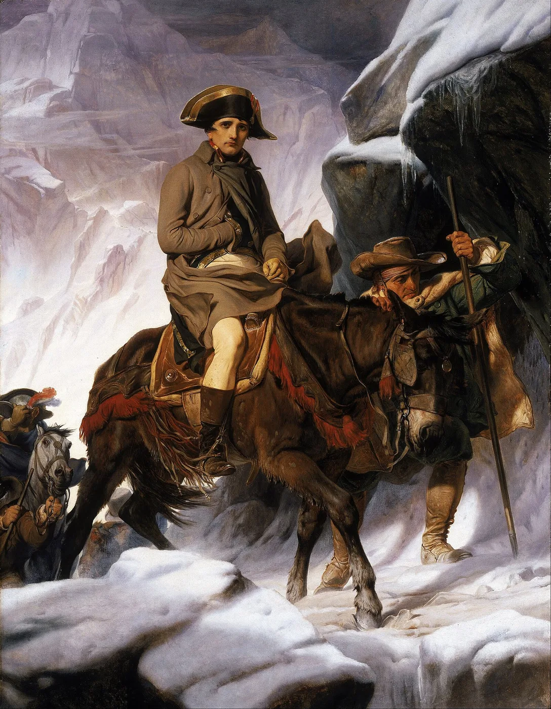 Tableau de Delaroche : Bonaparte, emmitouflé, sur une mule guidée par un paysan dans la neige.