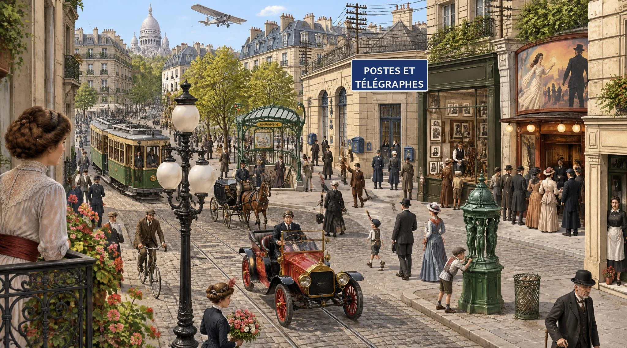 Une rue de Paris vers 1910 : un lampadaire électrique, un tramway, l’entrée du métro, une automobile rouge, un avion dans le ciel, une poubelle, une fontaine Wallace, un bureau de poste avec des fils télégraphiques, la vitrine d’un photographe et un cinématographe.
