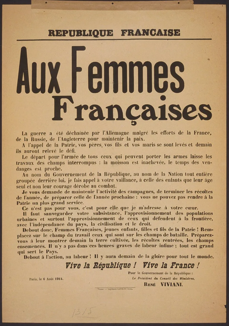 « Aux femmes françaises » — appel de René Viviani, affiche, 6 août 1914