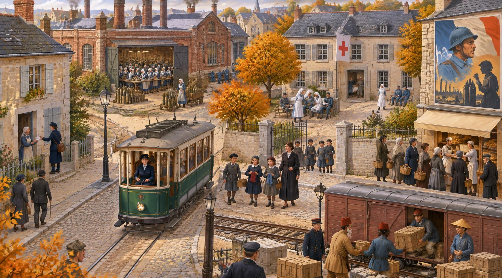 Une petite ville de l’arrière en 1916 : une conductrice de tramway, une factrice, une usine d’obus où travaillent des femmes, une école transformée en hôpital, une file devant la boulangerie, une grande affiche, des écoliers avec leur tricot, des travailleurs venus des colonies qui déchargent un train.